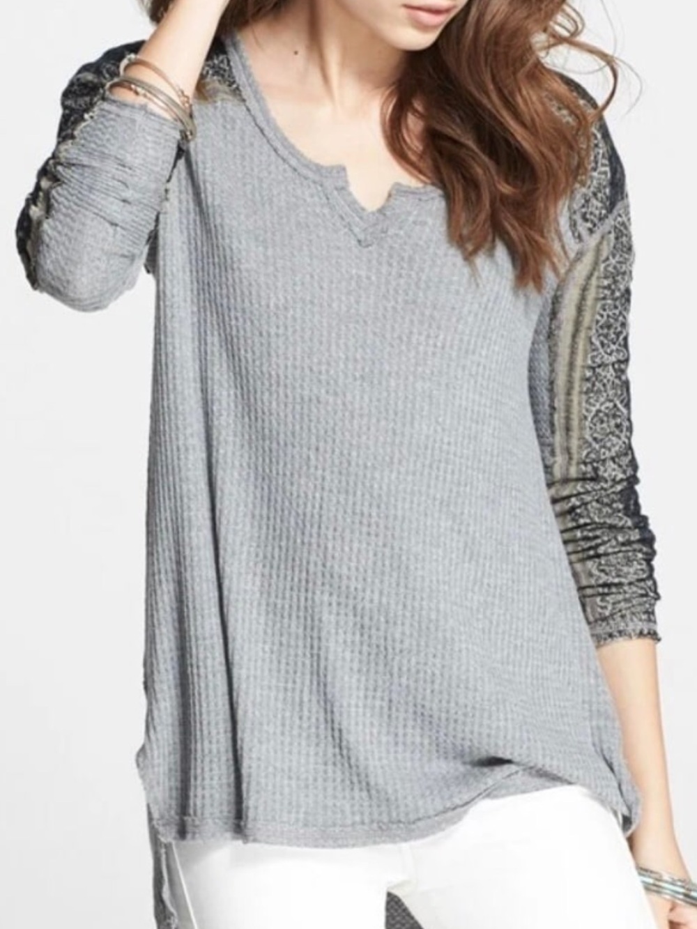 Free People Blouse Women S Gray Waffle Knit Crochet Sleeve Boho Tunic Top